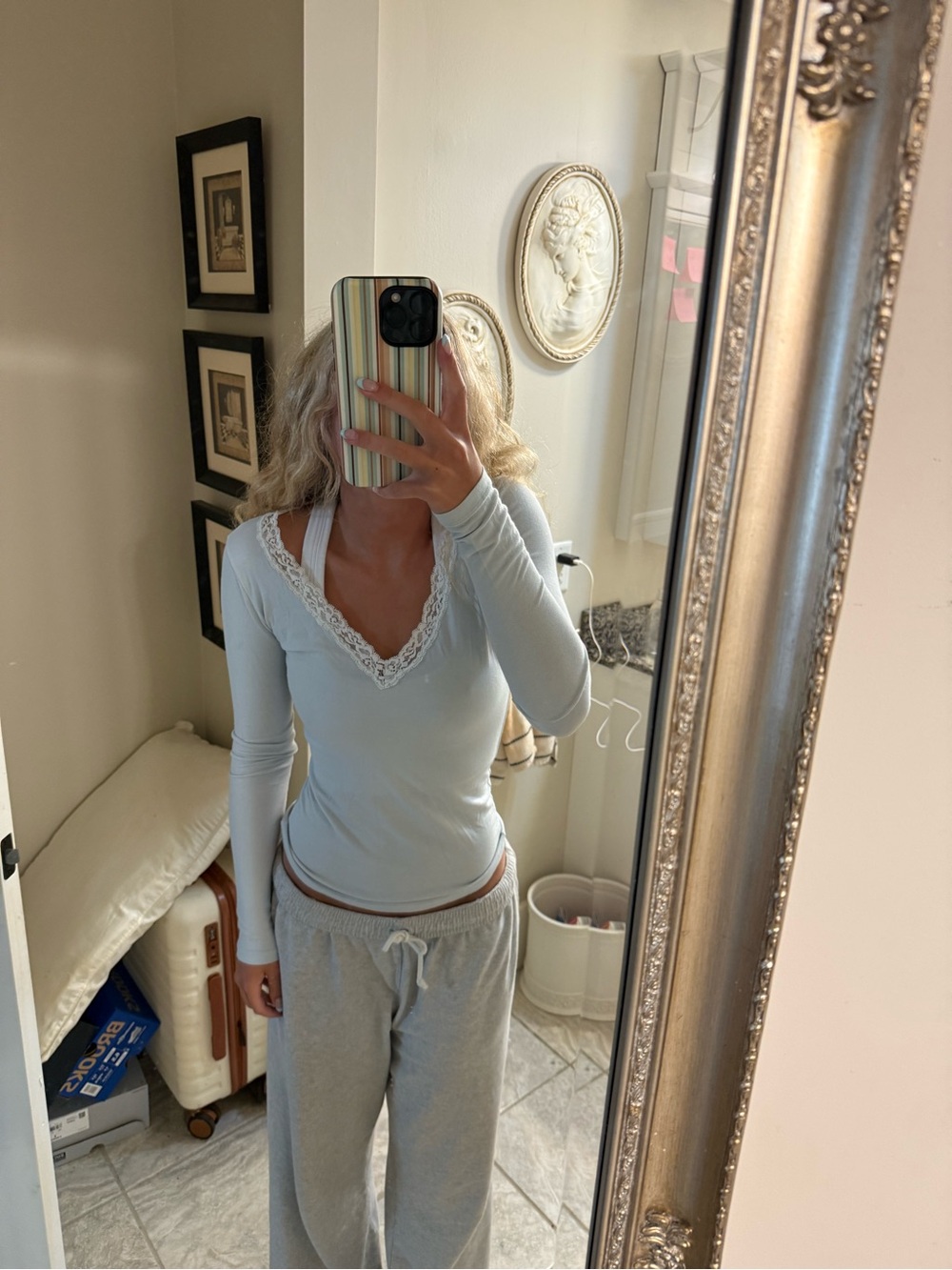 Brandy Melville Light Blue Lace-Trim V-Neck Long Sleeve Top by
